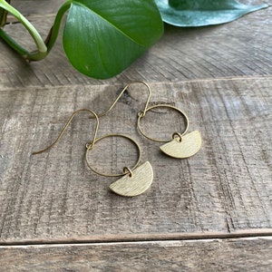 Brass Circle and Half Circle Earrings // Brass Circle and Leather Earrings // Textured Raw Brass Earrings // Gifts for Her image 5