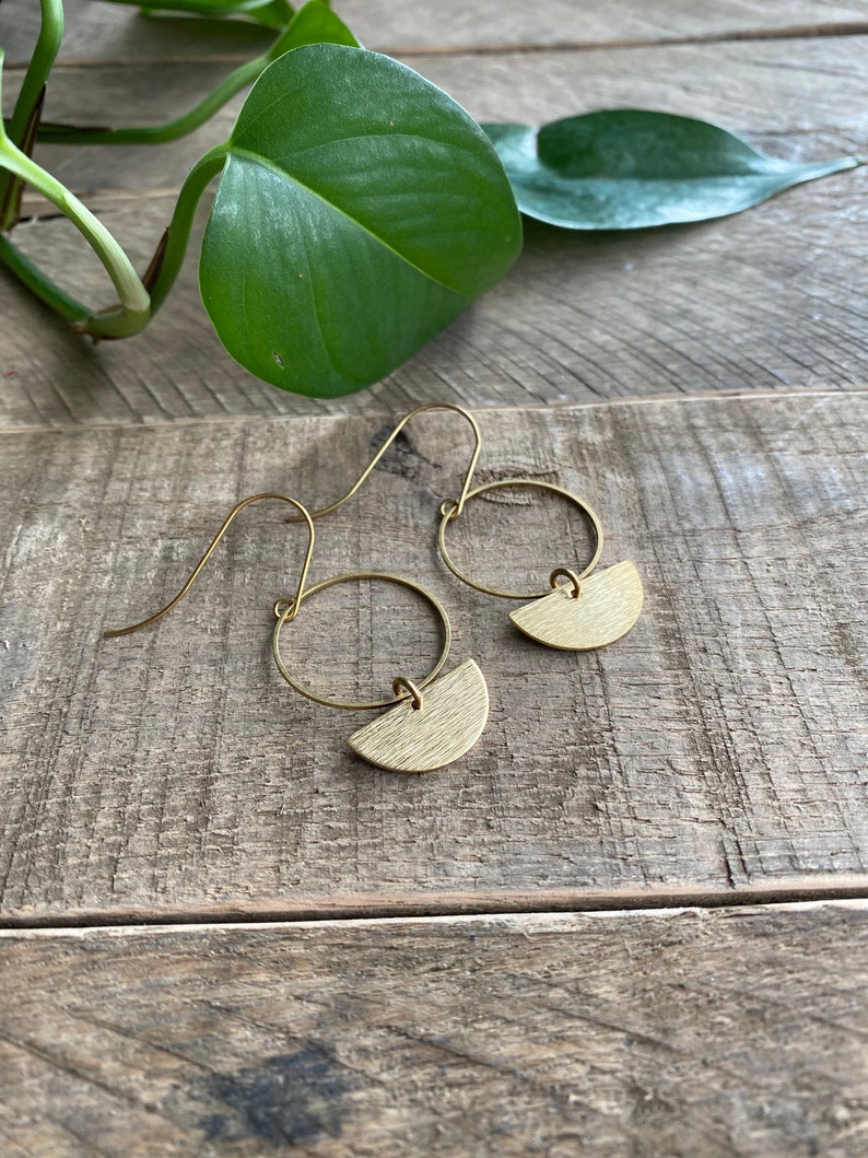 Brass Circle and Half Circle Earrings // Brass Circle and Leather Earrings // Textured Raw Brass Earrings // Gifts for Her image 5