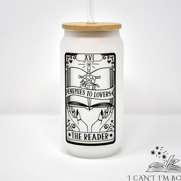 Book Iced Coffee Cup - General Bookish - Frosted Glass 16oz Cup - The Reader Tarot Card - Enemies to Lovers Troupe