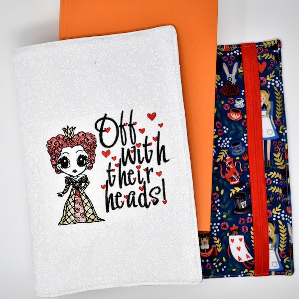 Adjustable Reusable Book Cover - Fabric Book Cover - Queen of Hearts - Off With Their Heads - Alice In Wonderland