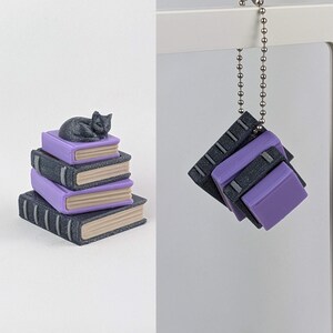 May include: A stack of miniature books with purple covers and dark gray pages, topped with a sleeping black cat figurine. A matching charm with a chain of books is also shown.