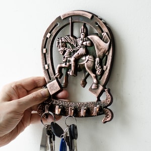 Brass wall hook rack KNIGHT on HORSEBACK, Key hook for wall, Lucky horseshoe new apartment gift
