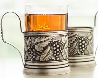 Vintage Soviet podstakannik "GRAPES" - Tea cup holder for Gardener