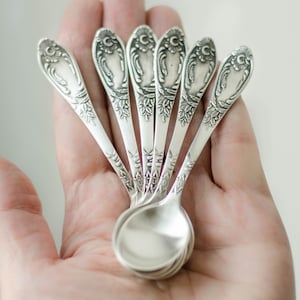 Puede incluir: Un juego de seis cucharaditas de plata con mangos ornamentados. Las cucharas están dispuestas en forma de abanico y se sostienen en una mano.