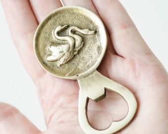 Brass SWANS beer opener, Funny bottle opener midcentury barware, Gift for couple from Ukraine
