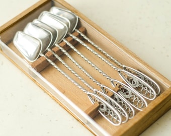 Filigree coffee spoon set in wooden box, MCM flatware - demitasse spoons