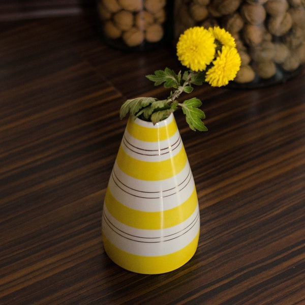 Striped yellow vase, Unique flower vase from Soviet union, Mid century modern retro vase