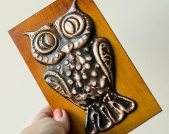 Vintage brass Barn Owl plaque: MCM Wood wall art - 90s Halloween decor