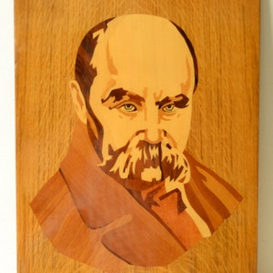 Wood wall art large TARAS SHEVCHENKO marquetry picture, Library decor