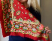 Vintage CHALE RUSSE Red Floral Scarf Ukrainian Folk Wool Shawl 70s Soviet Babushka with Roses Russian Small Platok Bohemian Gypsy Shawles