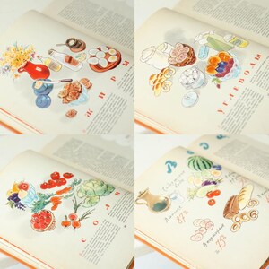 May include: Four pages from a vintage cookbook with illustrations of food groups. The first page shows a variety of foods including eggs, bread, and milk. The second page shows a variety of fruits and vegetables. The third page shows a variety of vegetables and the fourth page shows a variety of fruits and vegetables.