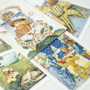 Set di cartoline d'epoca sovietiche IL GATTO CON GLI STIVALI, cartoline in costume medievale dall'Ucraina