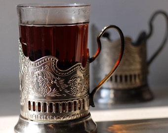 Vintage Podstakannik SOVIET SPACE tea cup holder, Tea accessories from Ukraine