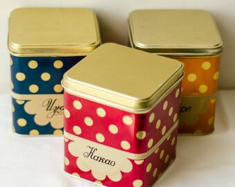 Vintage Polka Dot tin canister set, Soviet kitchen Storage boxes