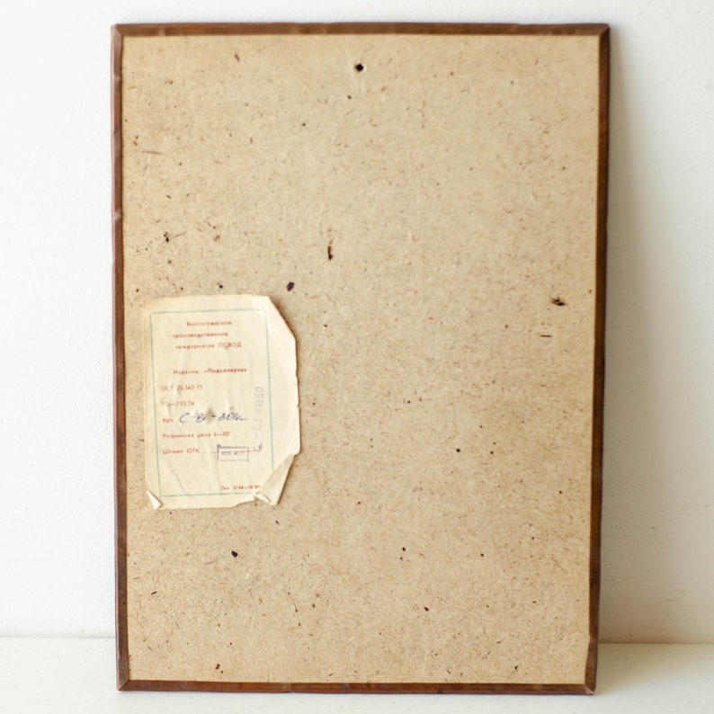 May include: A brown wooden frame with a tan cardboard backing. A white label with black text is attached to the back of the frame. The label reads "Выставочное  произведение  ОГИЗ  № 133/14  арт. 7-133/14  Подлинник  цена 6-00  Штамп ОГИЗ  № 374-48-м".