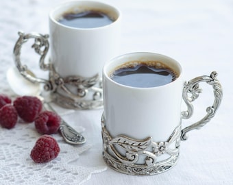 Ceramic espresso cup holder, Metal floral podstakannik, Coffee accessories from Soviet Union