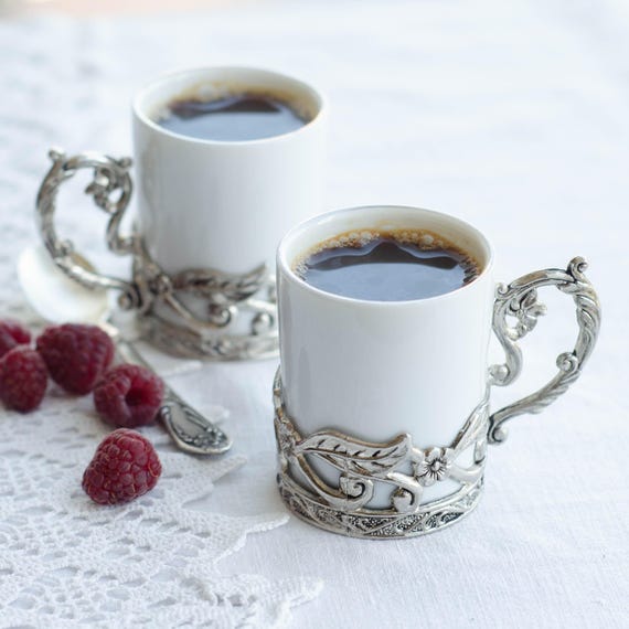 Ceramic espresso cup holder, Metal floral podstakannik, Coffee accessories from Soviet Union