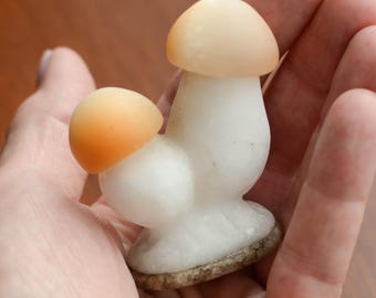 Mushroom sculpture - Hand carved stone Paperweight, Fungi art selenite figurine