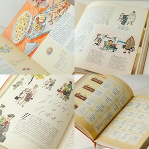 May include: An open vintage cookbook with illustrations and text in Russian. The book has a yellowed, aged paper cover and is open to a page with a recipe for "Madame de Metz" and a table of contents.