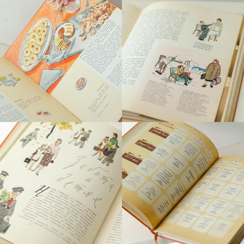 May include: An open vintage cookbook with illustrations and text in Russian. The book has a yellowed, aged paper cover and is open to a page with a recipe for "Madame de Metz" and a table of contents.