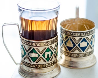 Podstakannik VOLGOGRAD glass and metal cup holder, Tea Accessories from Ukraine