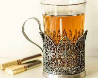 Filigree podstakannik "Queen Crown" glass tea cup holder, Tea accessories from Ukraine