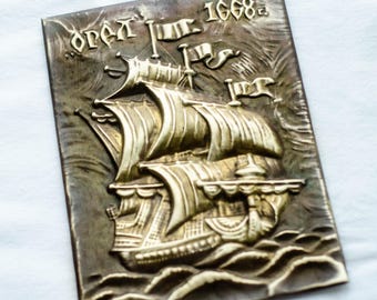 Nautical brass wall art FRIGATE cubicle decor, Fisherman gift from Ukraine