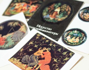 PALEKH post cards set of 14, Russian folk art ephemera pack, Vintage Soviet fairytale art for collectors