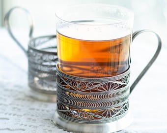 Art Deco filigree podstakannik, Vintage Soviet glass tea cup holder