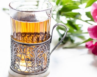 Podstakannik FILIGREE DROP, Soviet vintage glass tea cup holder, Tea accessories from Ukraine