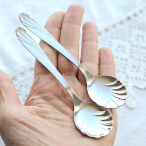 Puede incluir: Dos cucharas plateadas con un cuenco en forma de concha y un mango decorativo. Las cucharas se sostienen en una mano, mostrando su superficie pulida y su diseño elegante. Estas cucharas son probablemente para servir o comer.