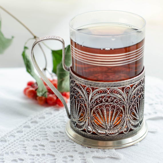 Podstakannik FILIGREE Glass Tea Cup Holder, Soviet Vintage Tea Accessories From Ukraine