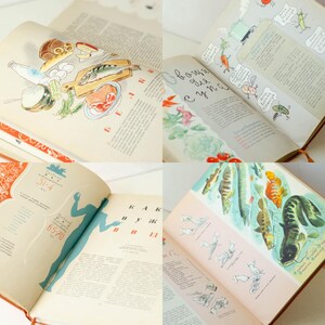 May include: Open vintage cookbook with colorful illustrations of food and fish. The pages feature text in Russian and include recipes for various dishes.