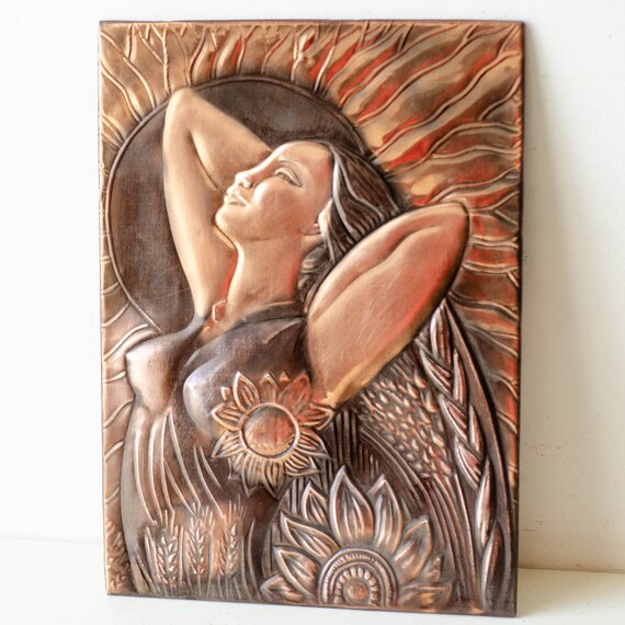 SUNFLOWERS hammered copper artwork, MCM wall art from Ukraine