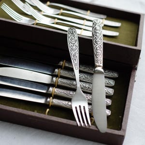 箱入りヴィンテージソビエト花柄銀食器セット：ドイツ銀12ピース - フォークとナイフ