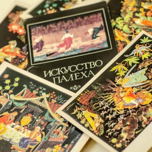 Vintage Sovjet "PALEKH"-postkaarten set van 16, ephemera-pakket Russische volkskunst voor verzamelaars