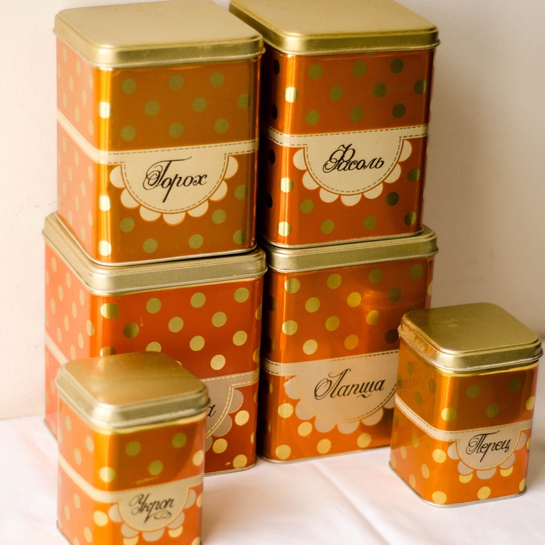 Set Of 6 Polka Dot Tin Storage Box Soviet Era Retro Tin Boxes Etsy