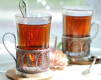 Vintage tea set for two – Silver plated Filigree podstakanniks, Glass cups, Spoons...