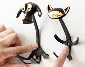 Vintage brass wall hooks: Cat animal coat hook & Dog leash holder, Farmhouse decor