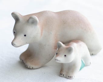 Mama bear figurine with Brother bear cub, Soviet porcelain from Ukraine, Family gift