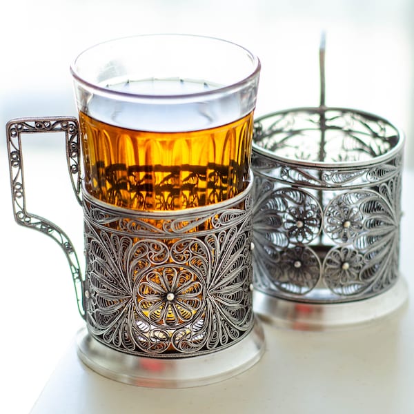 Podstakannik FILIGREE glass tea cup holder, Soviet vintage tea accessories from Ukraine