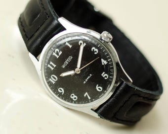 Vintage Soviet Vostok mechanical watch, USSR Mens watch, Black leather strap