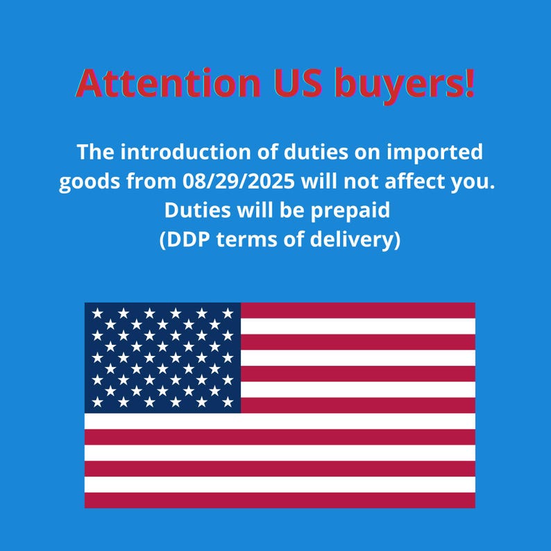 May include: A blue background with red text: "Attention US buyers!". The text below states that duties on imported goods from 08/29/2025 will not affect buyers, with duties prepaid. The image includes the American flag.