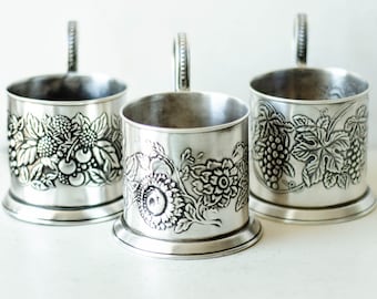 Podstakannik RASPBERRY leaves / SUNFLOWER / GRAPES cluster, Glass tea cup holder, Tea accessories from Ukraine