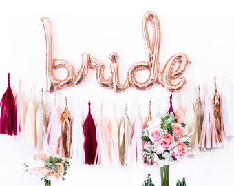 Script Bride Rose Gold Balloon Banner | Bridal Shower Party Decor, Miss to Mrs Garland, Wedding, Bachelorette, Engaged, Married, Engagement