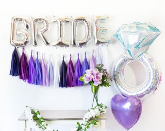 BRIDE BALLOON BANNER | 16" Rose Gold Silver Balloon Garland, Metallic, Purple Wedding, Bridal Shower, Bachelorette, Engaged, Married, Engage
