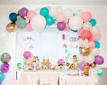 DIY Donut Sprinkles Balloon Garland Arch | Pastel Donut grow up two fast party decor, Tutti Frutti, Cake Smash, First Birthday, Ice Cream