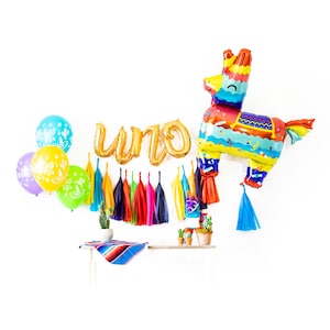May include: A colorful fiesta-themed party decoration set with a gold foil "UNO" banner, a pinata-shaped balloon, and colorful tissue paper tassels. The set also includes balloons with a Mexican-inspired design.