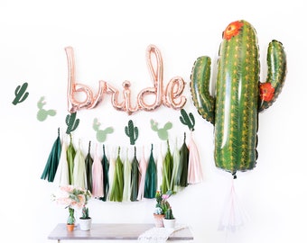 Script Rose Gold Bride Cactus Fiesta Balloon Tassel Party Box  | Blush Burgundy Bridal Shower Decor, Wedding Banner, Bachelorette Engagement