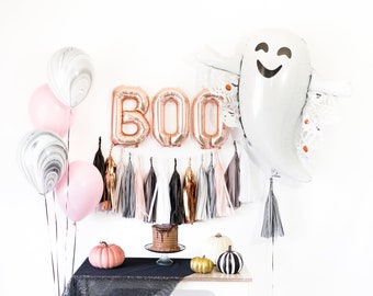 Rose Gold Boo! Ghost Tassel Party Box | Garland, Spooky Halloween Party Decor, Trick or Treat, Haunted House Decor